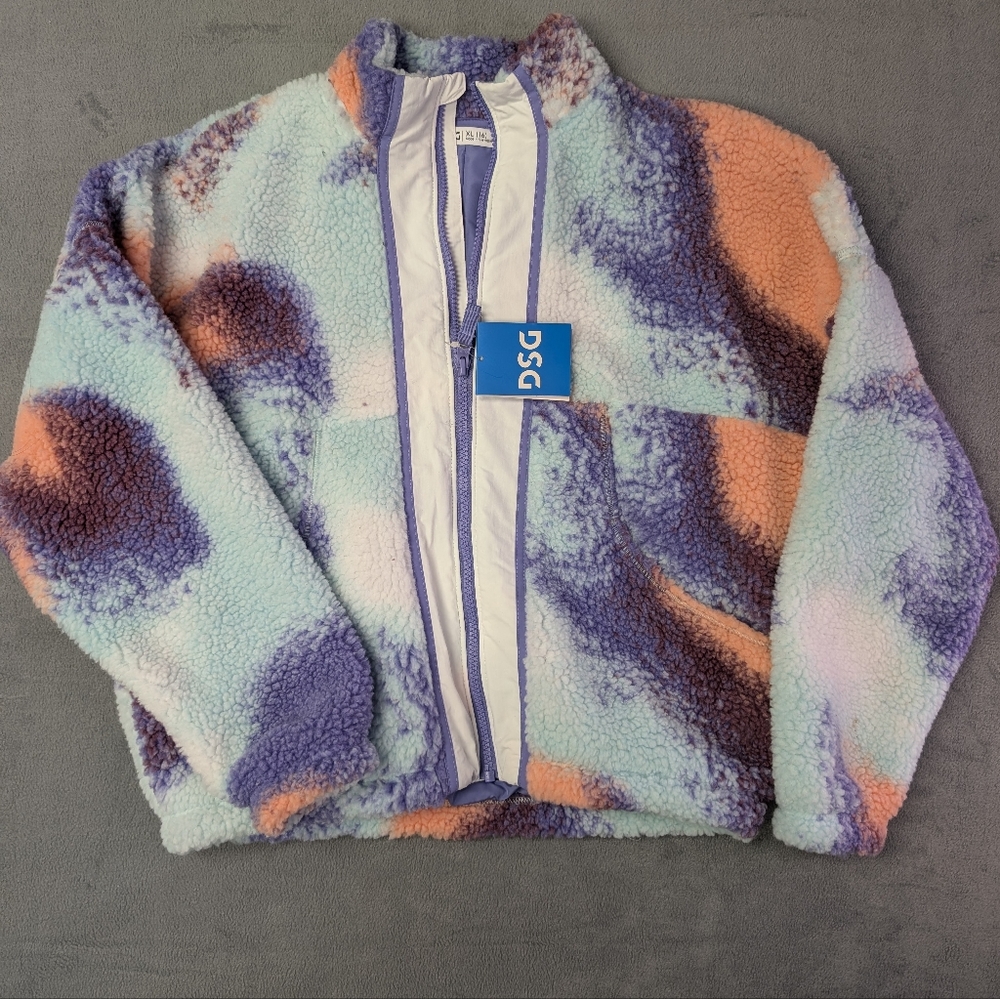 DSG Girls Sherpa Fleece Full Zip Jacket Purple Blue Tie Dye XL 14-16 NWT